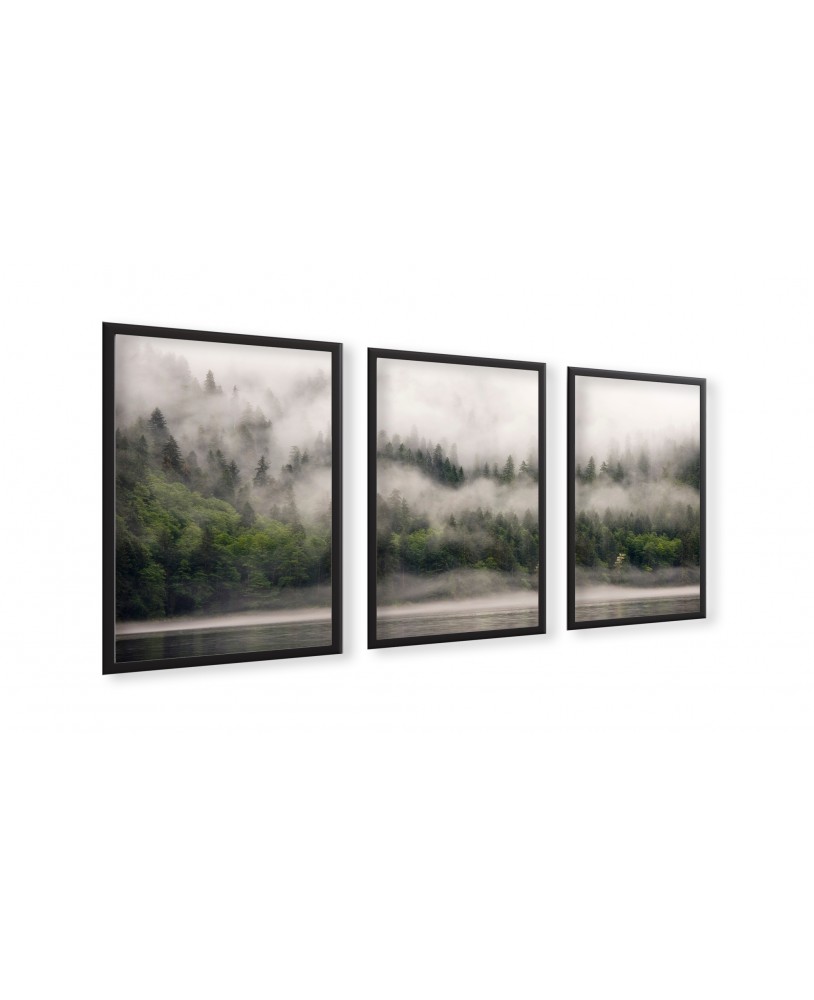 Zestaw 3 plakatów obrazków grafik las we mgle mgła góry drzewa las  plaża studiograf