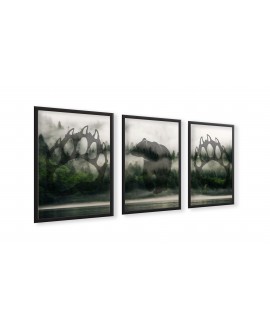 Zestaw 3 plakatów obrazków grafik las we mgle mgła góry drzewa las  plaża niedźwiedź odciski łap studiograf