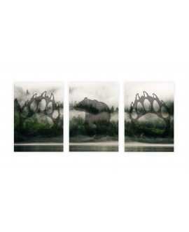 Zestaw 3 plakatów obrazków grafik las we mgle mgła góry drzewa las  plaża niedźwiedź odciski łap studiograf