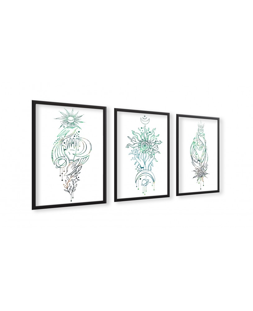 Zestaw 3 plakatów obrazków grafik boho ręce księżyc gwiazdy dłonie zielony na białym tle studiograf