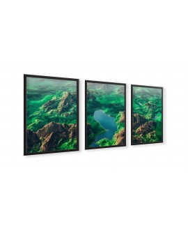 Zestaw 3 plakatów obrazków grafik szmaragdowe góry jezioro zieleń krajobraz z lotu ptaka studiograf