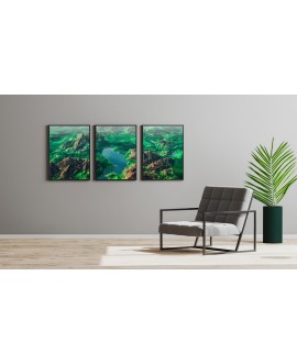 Zestaw 3 plakatów obrazków grafik szmaragdowe góry jezioro zieleń krajobraz z lotu ptaka studiograf