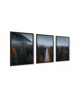 Zestaw 3 plakatów obrazków grafik plakaty droga przez las jesienne drzewa mgła studiograf