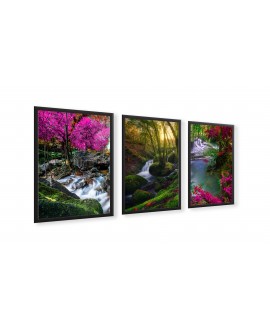 Zestaw 3 plakatów obrazków grafik las drzewa rzeka różowe kwiaty tryptyk studiograf
