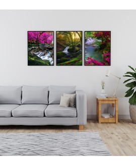 Zestaw 3 plakatów obrazków grafik las drzewa rzeka różowe kwiaty tryptyk studiograf