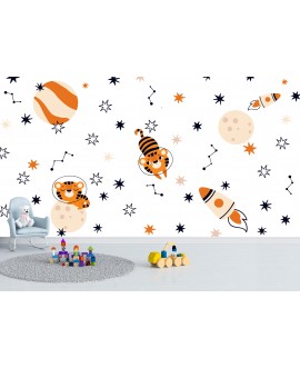Fototapeta 3D na wymiar  flizelinowa dla dzieci dziecięca tygrys tygryski rakieta planety kosmos studiograf