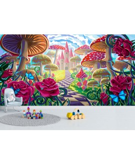 Fototapeta 3D na wymiar  flizelinowa dla dzieci dziecięca zaczarowany zamek las grzyby róże kwiaty studiograf