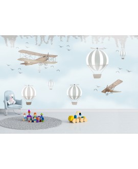 Fototapeta 3D na wymiar  flizelinowa dla dzieci dziecięca samoloty balony na gorące powietrze chmury studiograf