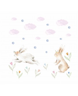 Naklejka na ścianę dla dzieci króliki chmurki kwiatki studiograf