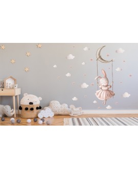 Naklejka na ścianę dla dzieci urocze pastelowe naklejki króliczek piwonie chmurki gwiazdki studiograf