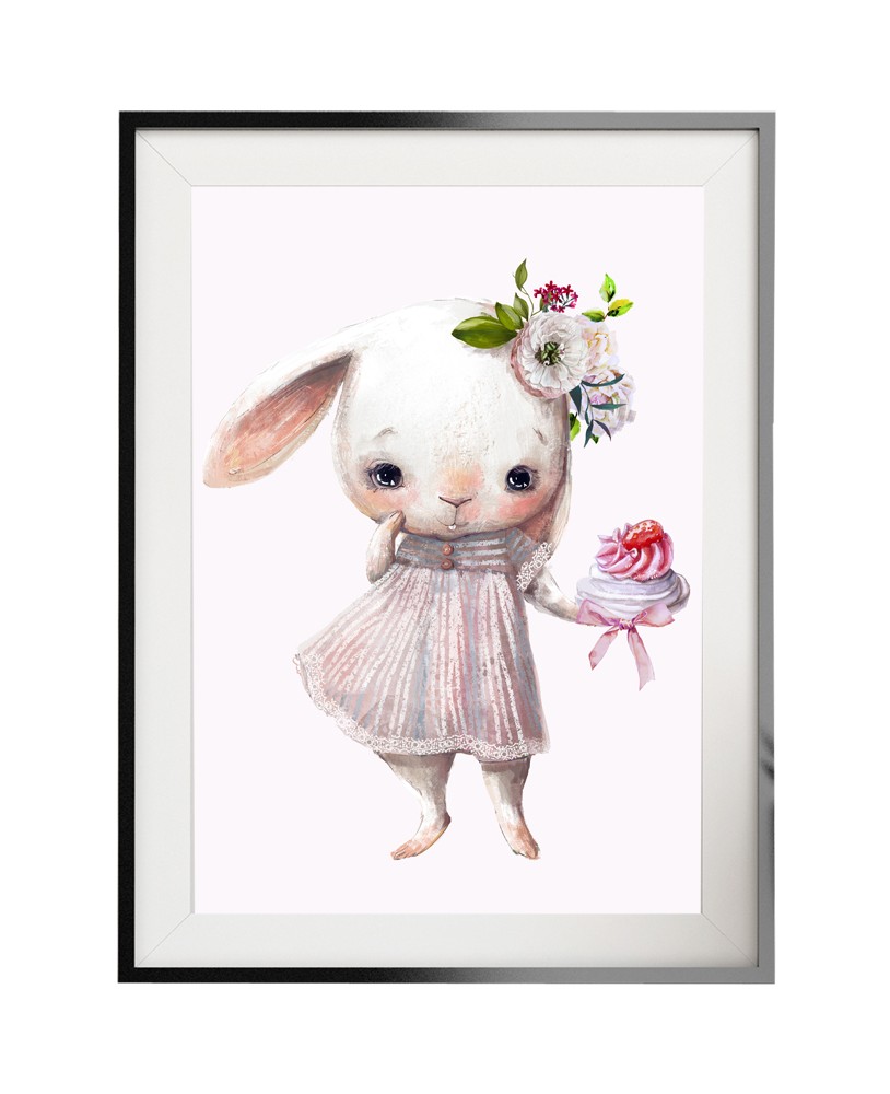 Plakat grafika obrazek dla dzieci króliczek z babeczką kwiaty studiograf