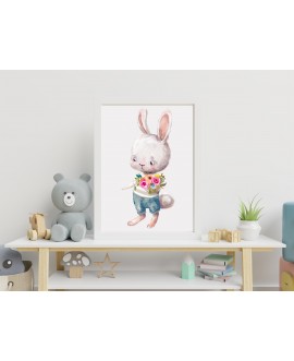 Plakat grafika obrazek dla dzieci króliczek z kwiatami kwiatki studiograf