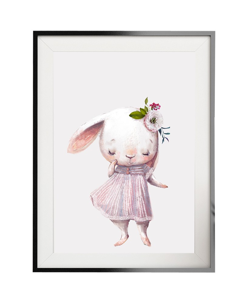 Plakat grafika obrazek dla dzieci słodki pastelowy króliczek z kwiatkami na głowie studiograf