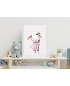 Plakat grafika obrazek dla dzieci słodki pastelowy króliczek z kwiatkami na głowie studiograf