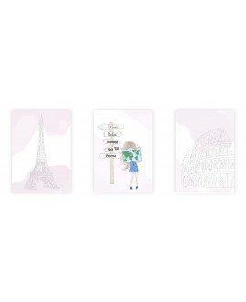Zestaw 3 obrazków plakatów dla dzieci dziewczynka kraje podróże Paryż Rzym studiograf