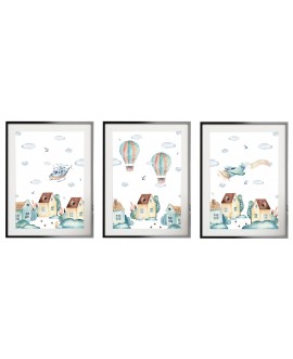 Zestaw 3 obrazków plakatów dla dzieci domki samoloty balony miasteczko studiograf
