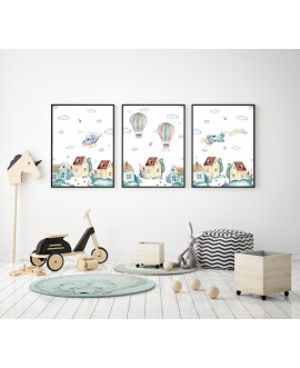 Zestaw 3 obrazków plakatów dla dzieci domki samoloty balony miasteczko studiograf