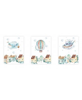 Zestaw 3 obrazków plakatów dla dzieci pastelowe miasteczko samoloty balony domki studiograf