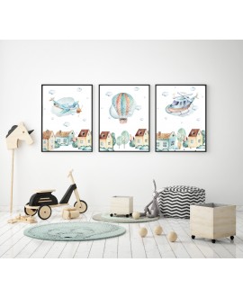 Zestaw 3 obrazków plakatów dla dzieci pastelowe miasteczko samoloty balony domki studiograf