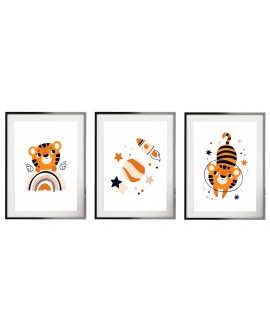 Zestaw 3 obrazków plakatów dla dzieci tygryski tygrys kosmos astronauta studiograf