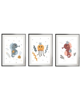 Zestaw 3 obrazków plakatów dla dzieci morskie zwierzęta meduza konik wodny studiograf