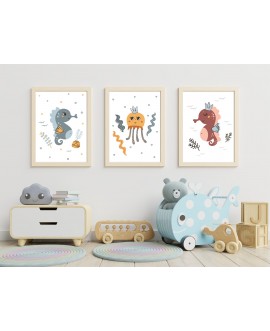 Zestaw 3 obrazków plakatów dla dzieci morskie zwierzęta meduza konik wodny studiograf