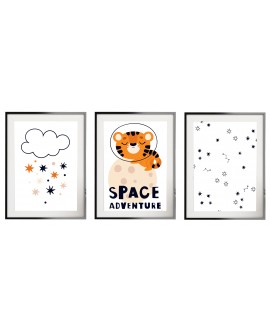 Zestaw 3 obrazków plakatów dla dzieci tygrys astronauta chmurki gwiazdki studiograf