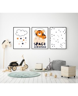 Zestaw 3 obrazków plakatów dla dzieci tygrys astronauta chmurki gwiazdki studiograf
