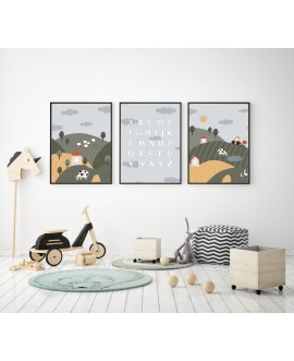 Zestaw 3 obrazków plakatów dla dzieci farma traktor domki zwierzątka alfabet studiograf