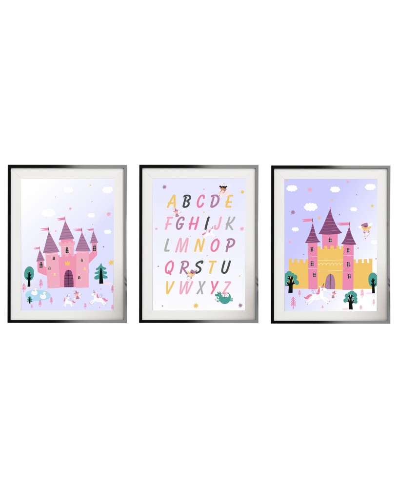 Zestaw 3 obrazków plakatów dla dzieci zamek wróżki smok księżniczki jednorożce alfabet studiograf