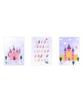 Zestaw 3 obrazków plakatów dla dzieci zamek wróżki smok księżniczki jednorożce alfabet studiograf