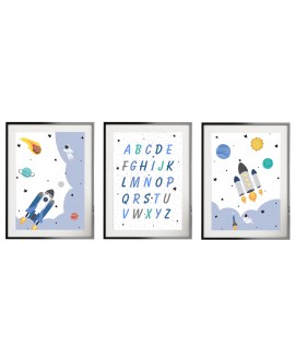 Zestaw 3 obrazków plakatów dla dzieci pastelowe plakaty kosmos planety astronauci alfabet studiograf