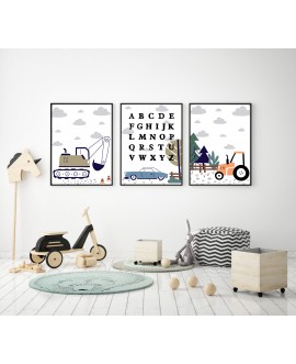 Zestaw 3 obrazków plakatów dla dzieci pastelowe plakaty koparka samochód traktor alfabet studiograf