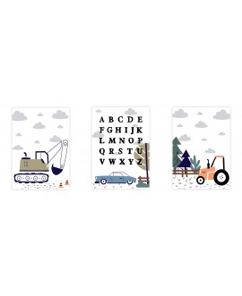 Zestaw 3 obrazków plakatów dla dzieci pastelowe plakaty koparka samochód traktor alfabet studiograf