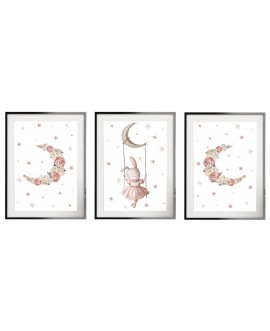 Zestaw 3 obrazków plakatów dla dzieci pastelowy króliczek huśtawka księżyc piwonie gwiazdki studiograf