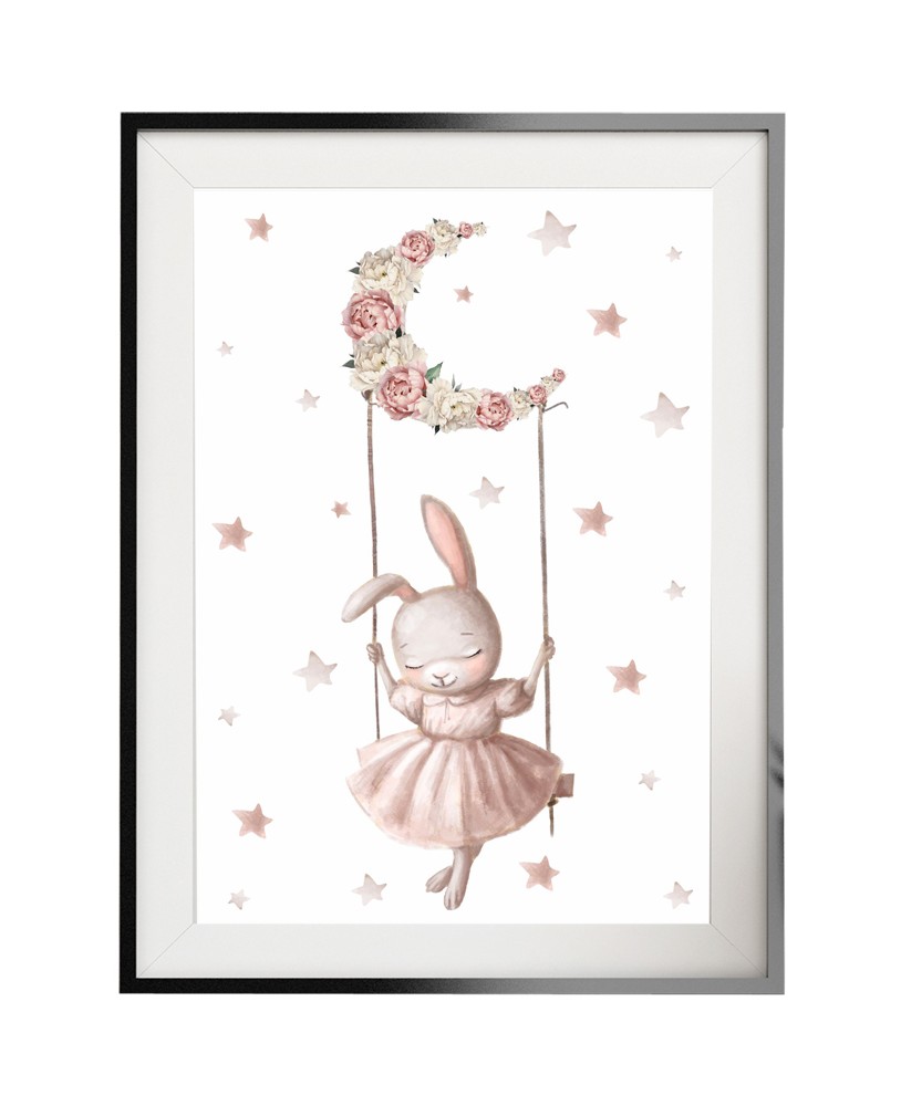 Plakat grafika obrazek dla dzieci pastelowy króliczek na huśtawce z księżyca kwiatki piwonie gwiazdki studiograf