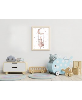 Plakat grafika obrazek dla dzieci pastelowy króliczek na huśtawce z księżyca kwiatki piwonie gwiazdki studiograf