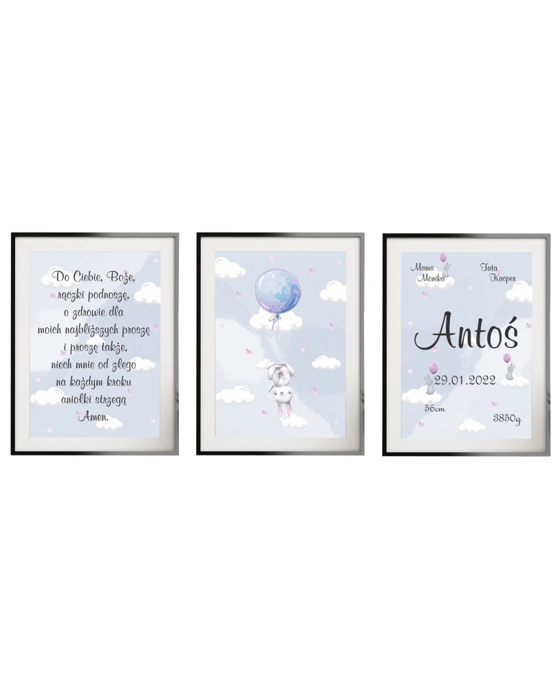 Metryczka zestaw plakatów plakaty personalizowane dla dziecka króliczki prezent chrzciny urodziny studiograf