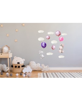 Naklejka na ścianę dla dzieci króliki balony chmurki studiograf
