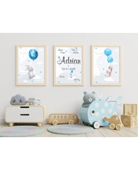 Metryczka zestaw 3 plakatów dla dzieci króliczki balony prezent na chrzciny urodziny studiograf