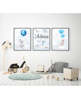 Metryczka zestaw 3 plakatów dla dzieci króliczki balony prezent na chrzciny urodziny studiograf