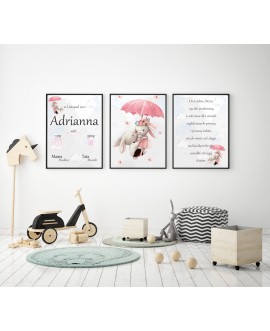 Metryczka zestaw 3 plakatów dla dzieci dekoracja króliczki prezent na chrzciny urodziny studiograf
