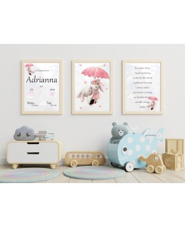 Metryczka zestaw 3 plakatów dla dzieci dekoracja króliczki prezent na chrzciny urodziny studiograf