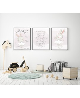 Metryczka zestaw 3 plakatów personalizowanych dla dzieci słodkie pastelowe króliczki plakat z imieniem studiograf