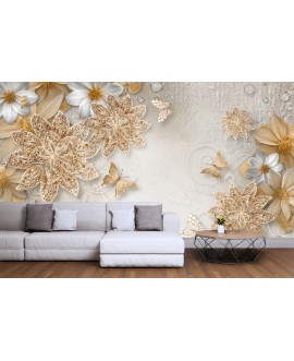 Fototapeta 3D na ścianę  na wymiar flizelinowa złote duże kwiaty złote motyle studiograf