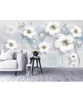 Fototapeta 3D na ścianę  na wymiar flizelinowa duże białe kwiaty na błękitnym tle studiograf