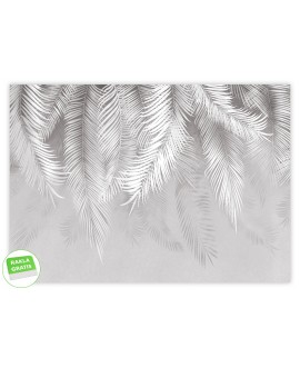 Fototapeta 3D na ścianę na wymiar flizelinowa biało szare liście palmy pióra napisy studiograf