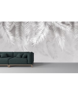 Fototapeta 3D na ścianę na wymiar flizelinowa biało szare liście palmy pióra napisy studiograf