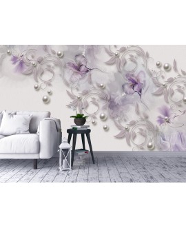 Fototapeta 3D na ścianę  na wymiar flizelinowa fioletowe kwiaty na białym tle z perełkami studiograf