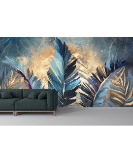 Fototapeta 3D na ścianę  na wymiar flizelinowa duże tropikalne liście na złotym tle studiograf